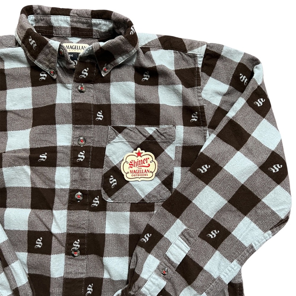 Magellan Outdoors Shiner Beer Flannel Shirt Mens‎ Small Button Down Plaid
